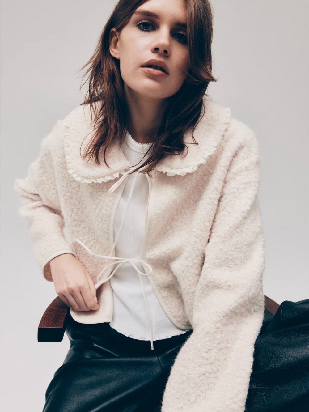 Divided Cream Teddy Tie-Front Jacket with Scalloped Collar